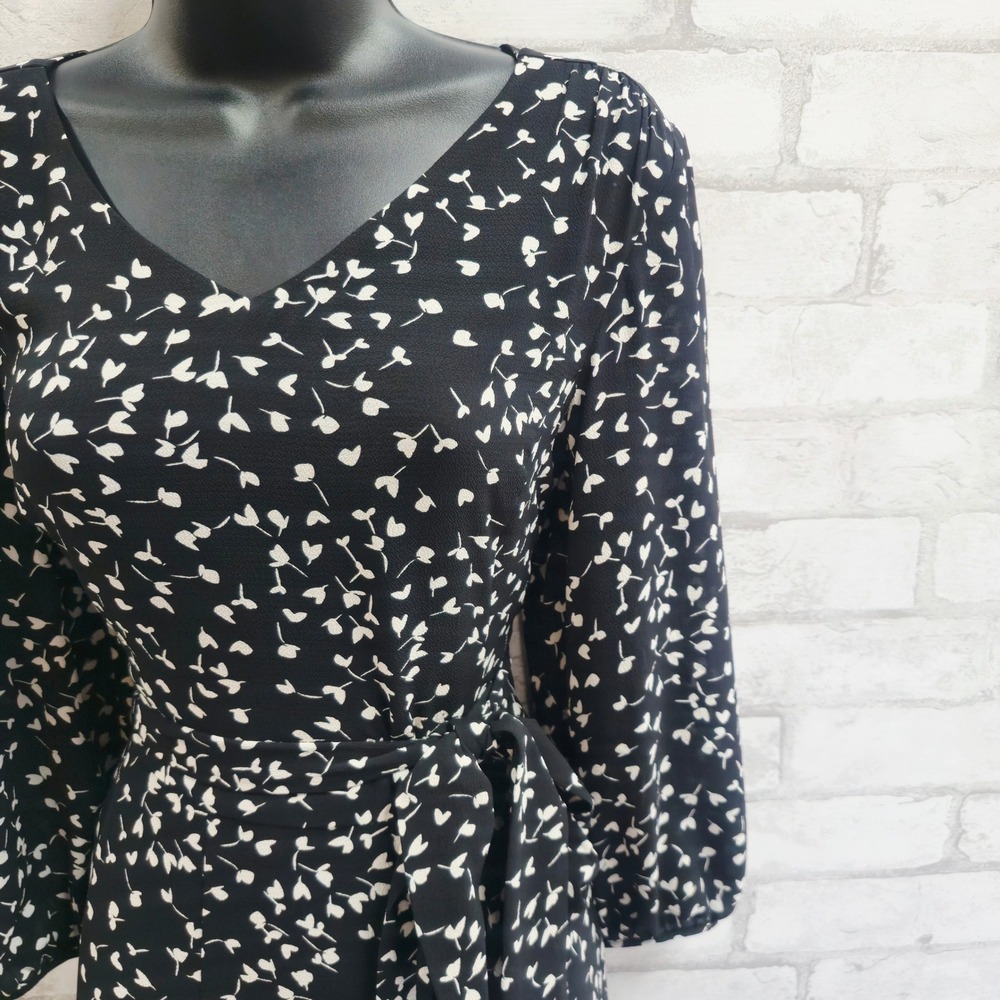 Talbots Womens Black White Floral V-Neck Long Sleeve Midi Dress Size 4 - Picture 2 of 7